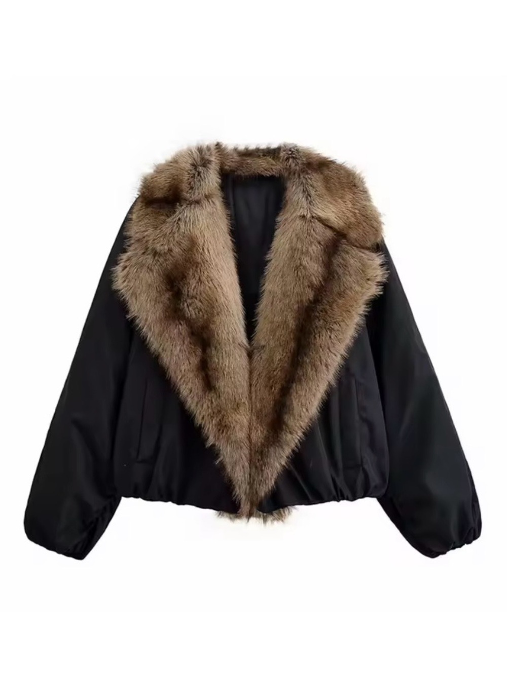 Black Jacket with Brown Faux Fur Trim - Women's Coat